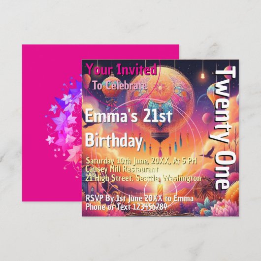 Invitation à ballons d'anniversaire coloré 21e (Devant / Derrière)