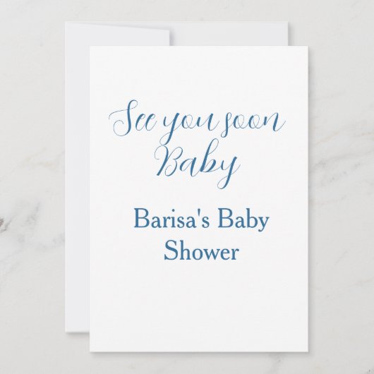 Invitation à bientôt baby shower bleu nom date simple (Devant)