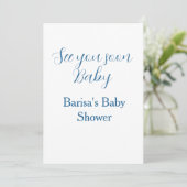 Invitation à bientôt baby shower bleu nom date simple (Debout devant)