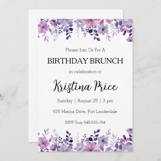 invitation à brunch d'anniversaire fleuri (Devant / Derrière)
