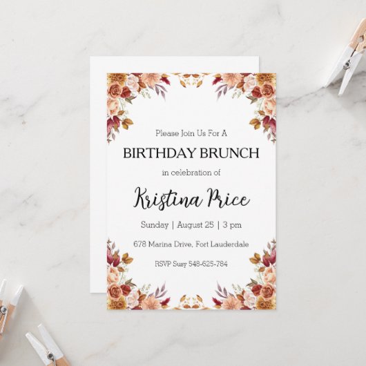 invitation à brunch d'anniversaire fleuri (Devant/Arrière en situation)