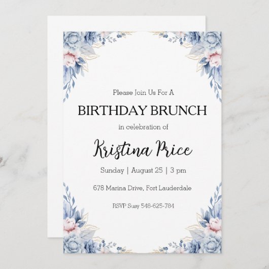 invitation à brunch d'anniversaire fleuri (Devant / Derrière)