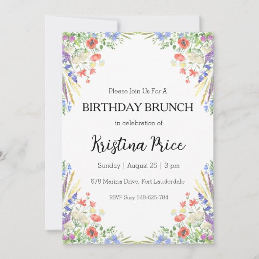 invitation à brunch d'anniversaire fleuri (Devant)