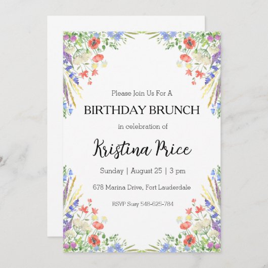 invitation à brunch d'anniversaire fleuri (Devant / Derrière)