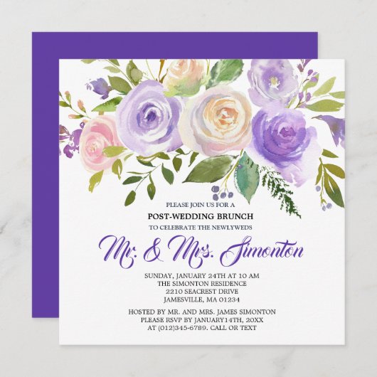 Invitation à Brunch post-Mariage floral pourpre (Devant / Derrière)