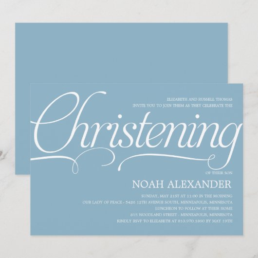 Invitation à Christening de Script Précieux - Bleu (Devant / Derrière)