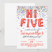 Invitation à Confetti pour les cinq ans de l'année (Devant / Derrière)