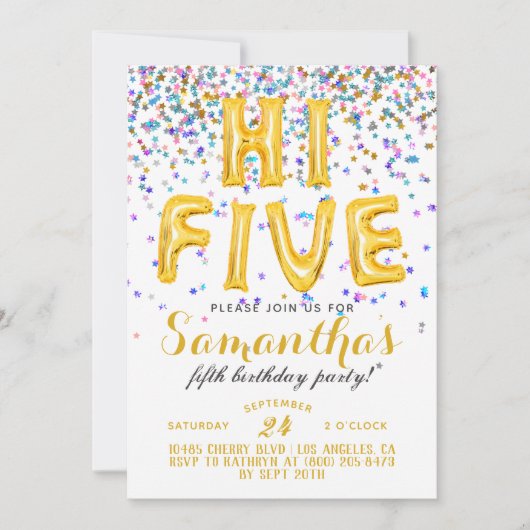 Invitation à Confetti pour les cinq ans de l'année (Devant)