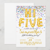 Invitation à Confetti pour les cinq ans de l'année (Devant / Derrière)