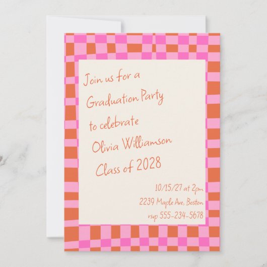 Invitation à damiers Pink Orange Script Fun Graduation Party (Devant)