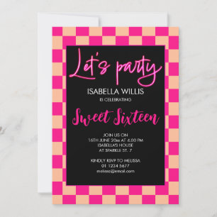 Invitation à damiers rétro pêche rose chaud Lets party Sweet 