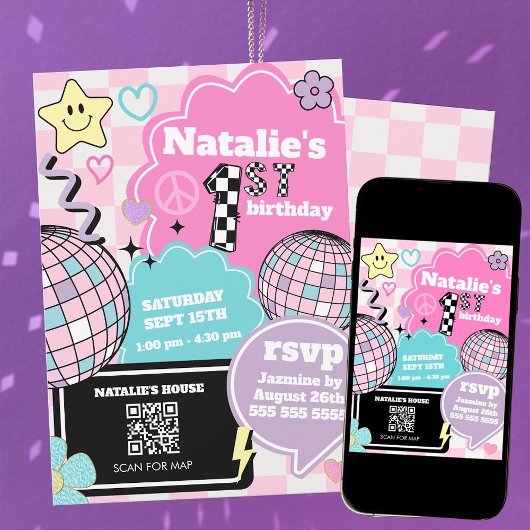 Invitation à damiers Retro Super Disco 1ère fête d'anniversai