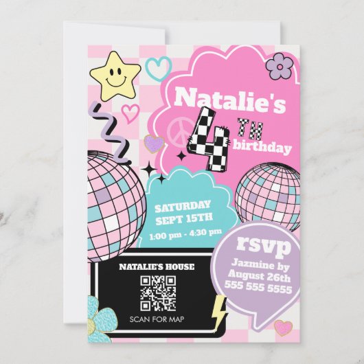 Invitation à damiers Retro Super Disco 4e fête d'anniversaire (Devant)