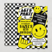 Invitation à damiers Sourire Visage Anniversaire Fête Invitat (Devant / Derrière)