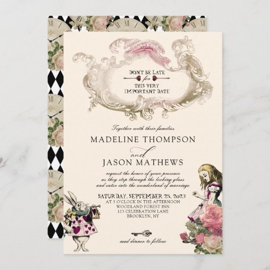 Invitation à damiers Turquoise Blush Alice en Mariage Wonderl (Devant / Derrière)