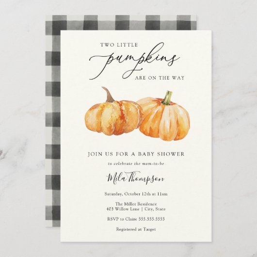 Invitation à deux Baby showers jumeaux Citrouille (Devant / Derrière)