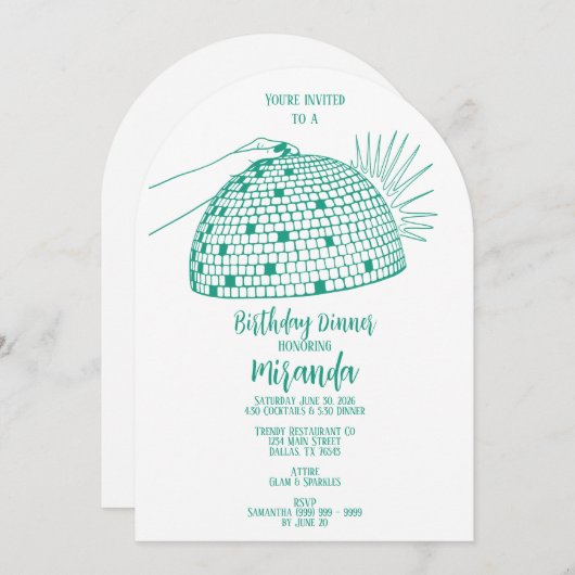 Invitation à dîner boule disco sarcelle (Devant / Derrière)