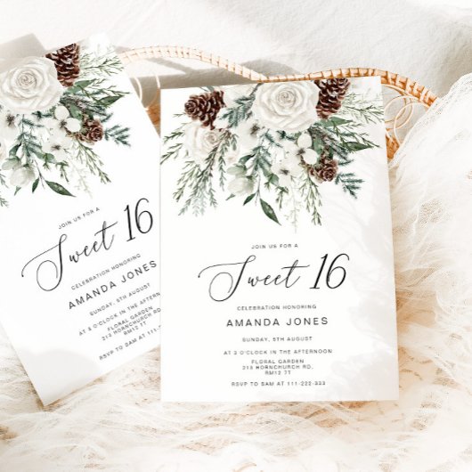 Invitation À feuillage persistant hiver Sweet 16 Anniversaire