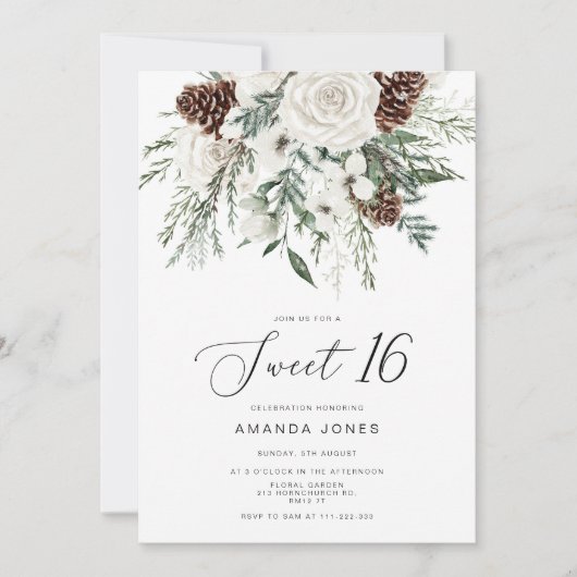 Invitation À feuillage persistant hiver Sweet 16 Anniversaire (Devant)