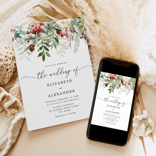 Invitation À feuillage persistant mariage d'hiver