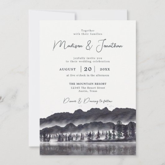 Invitation À feuillage persistant Pine Tree Mountains Mariage (Devant)