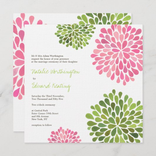 Invitation à fleurir rose et vert Mariage (Devant / Derrière)