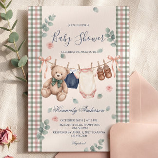 Invitation à la Baby Shower à carreaux Ourson