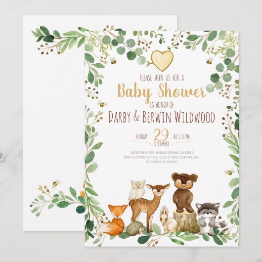 Invitation à la Baby Shower Animaux de la Forêt (Devant / Derrière)