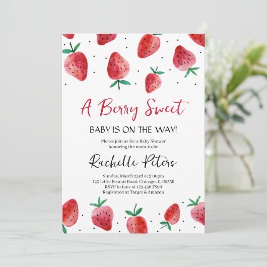 Invitation à la baby shower aux fraises (Debout devant)