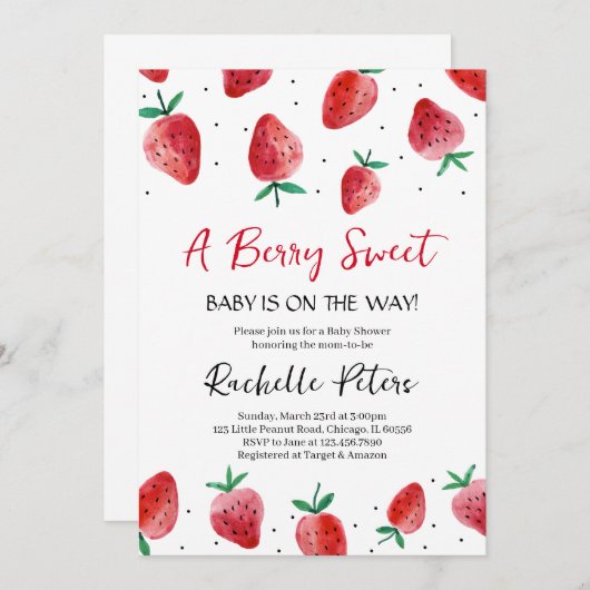 Invitation à la baby shower aux fraises (Devant / Derrière)