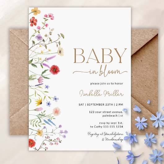 Invitation à la baby shower Bébé en fleurs sauvage