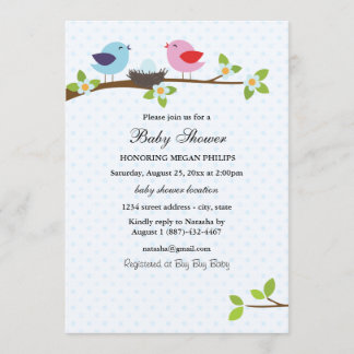 Invitation à la Baby Shower Bleu Famille d'Oiseaux