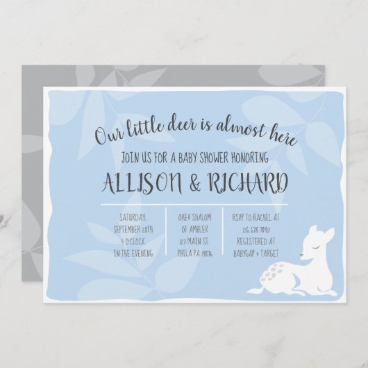 Invitation à la baby shower BLUE Baby Garden Deer  (Devant / Derrière)