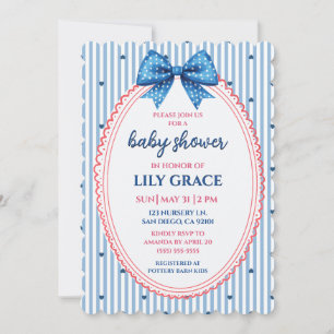 Invitation à la baby shower Blue Stripe and Bow