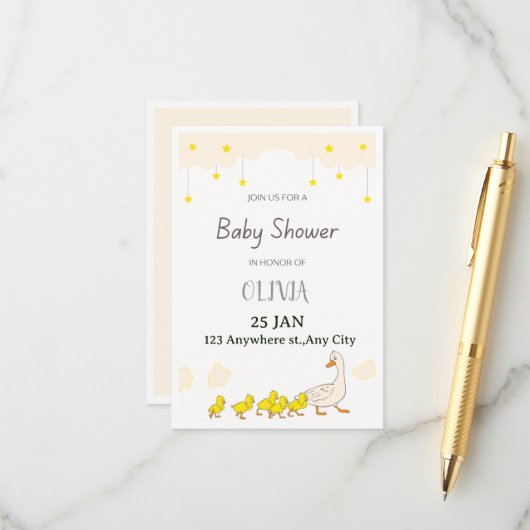 Invitation à la baby shower Canard (Devant/Arrière en situation)