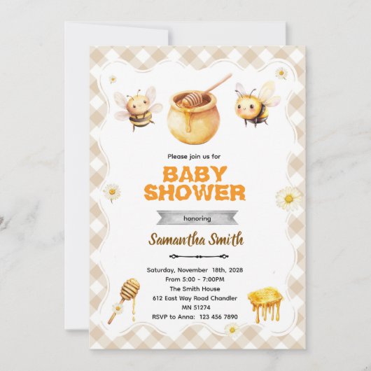Invitation à la baby shower de bébé abeille à miel (Devant)