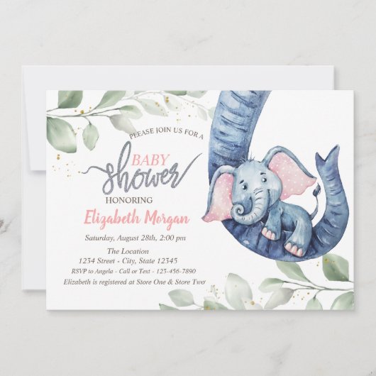 Invitation à la baby shower de bébé éléphant fille (Devant)