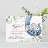 Invitation à la baby shower de bébé éléphant fille (Debout devant)