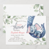 Invitation à la baby shower de bébé éléphant fille (Devant / Derrière)