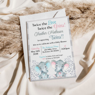 Invitation à la baby shower éléphant jumeau