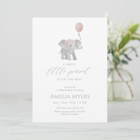 Invitation à la baby shower éléphant rose (Debout devant)