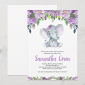 Invitation à la Baby Shower Éléphant Violet (Devant / Derrière)