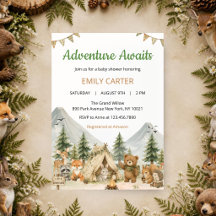 Invitation à la Baby Shower en forêt "L'Aventure A