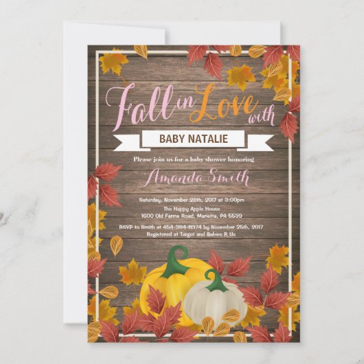 Invitation à la baby shower fille automne rustique (Devant)