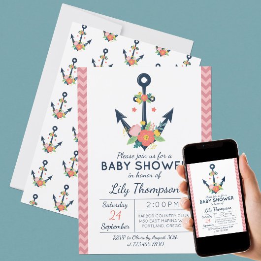 Invitation à la Baby Shower Fille Fleurs d'Ancre N