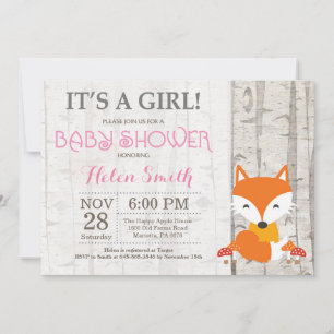Invitation à la baby shower Fille Renard Rustique