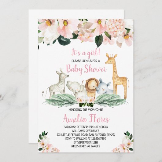 Invitation à la baby shower Fille Safari Animaux (Devant / Derrière)