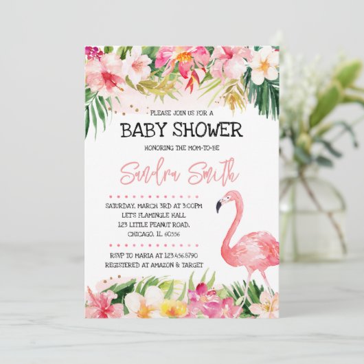 Invitation à la baby shower Flamingo (Debout devant)