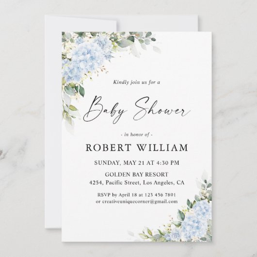 Invitation à la baby shower florale Hydrangea Bleu (Devant)