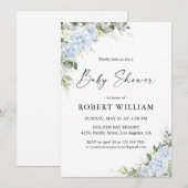 Invitation à la baby shower florale Hydrangea Bleu (Devant / Derrière)